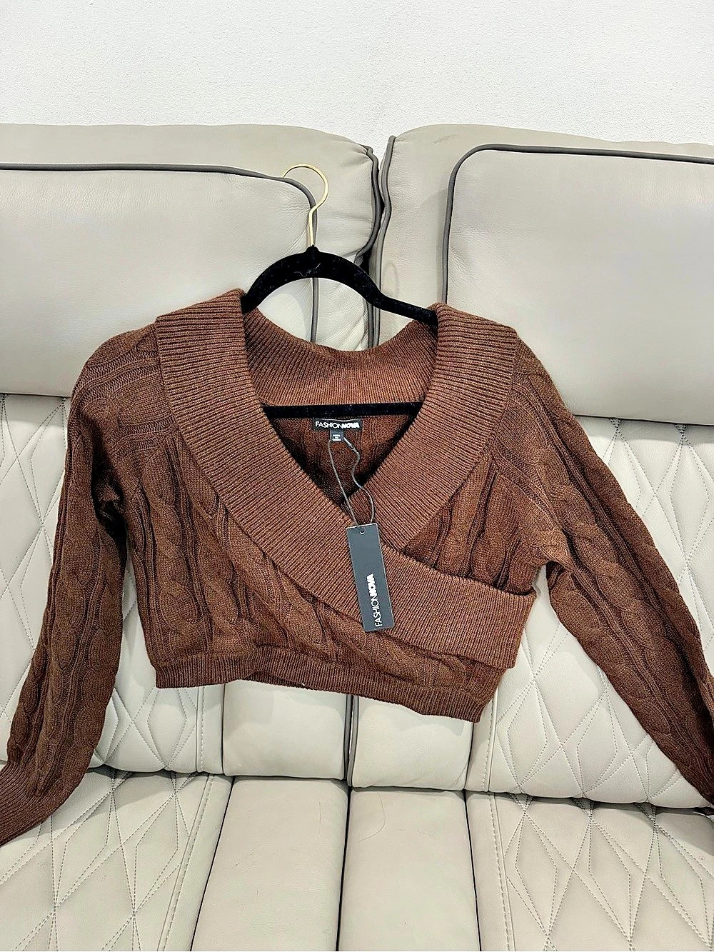 Fashion Nova Azusa Cable Knit Sweater Brown Off-Shoulder